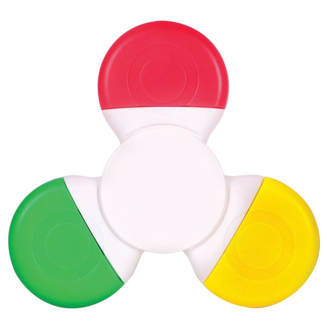 A tri-coloured highlighter with red, green, and yellow ends, featuring a central white section and a logo.