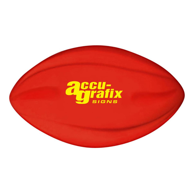 A red 135mm football with a smooth surface and a logo printed on it.