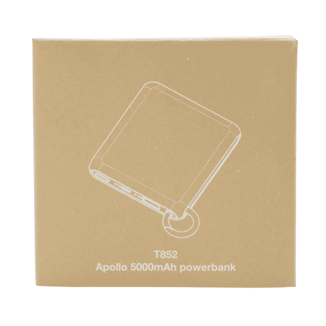 A brown cardboard box containing the Apollo Power Bank (5,000 mAh), featuring a minimalist design and logo.