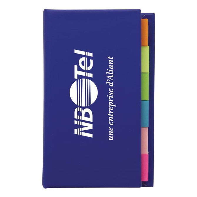 A blue adhesive note marker strip book featuring assorted sticky note colours in pink, green, yellow, and blue. It has a logo.