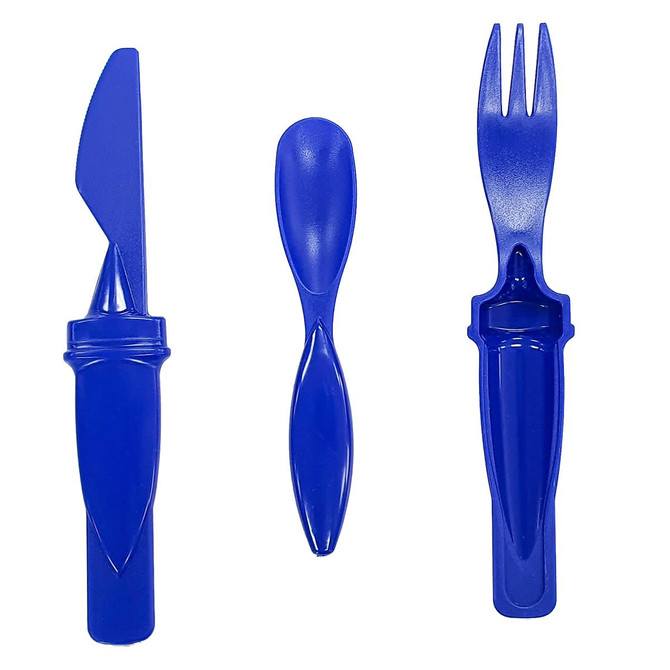 A blue plastic cutlery set featuring a knife, spoon, and fork, arranged side by side.