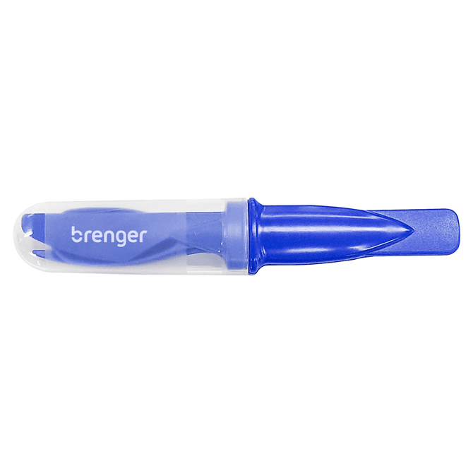 A blue highlighter in a clear plastic case, featuring a logo on the barrel. A blue highlighter in a clear plastic case, featuring a logo on the barrel.