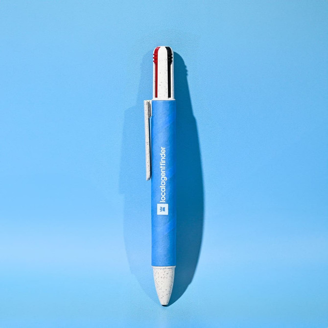 A blue eco pen with a textured white barrel and red and black ink tips, featuring a branding logo.