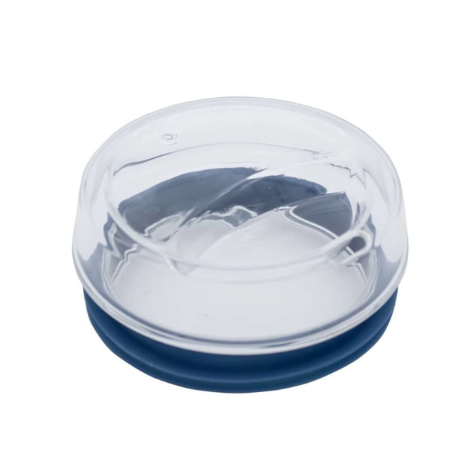 A reusable coffee cup with a clear lid and a dark blue silicone base. It features a branding logo.