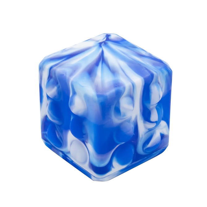 A blue and white marble-patterned hexagonal cube toy, featuring a smooth surface and rounded edges.