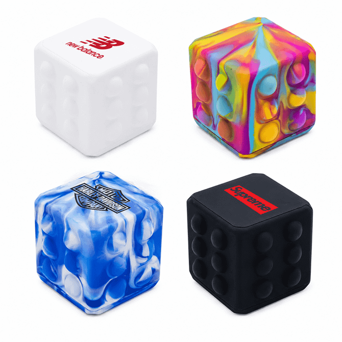 A set of four colourful Popper Cubes in various designs: white, mixed bright colours, blue and white, and black with a logo.