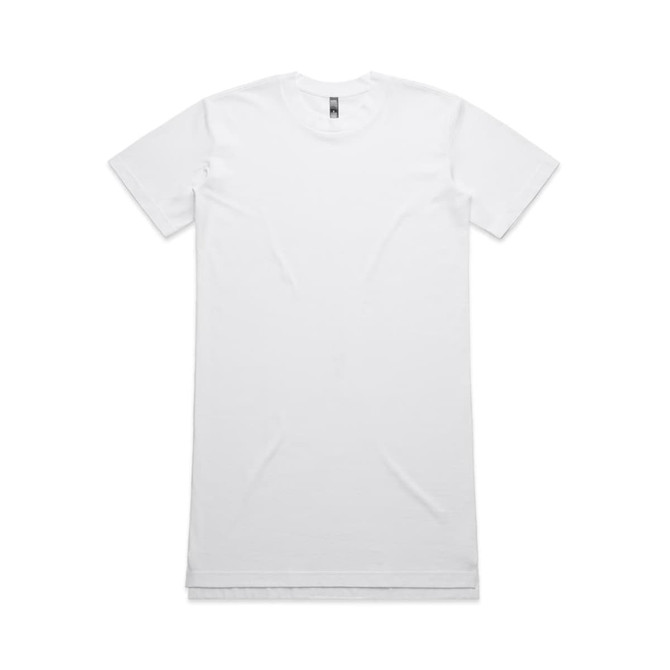An oversized white dress t-shirt with short sleeves and a logo at the neckline.