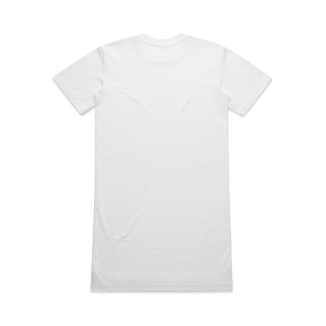 An oversized white dress with a simple design, featuring short sleeves and a rounded neckline.