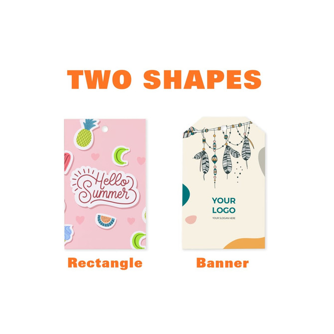 A pink rectangular swing tag with fruit designs and a cream banner swing tag featuring dreamcatchers and a logo placeholder.