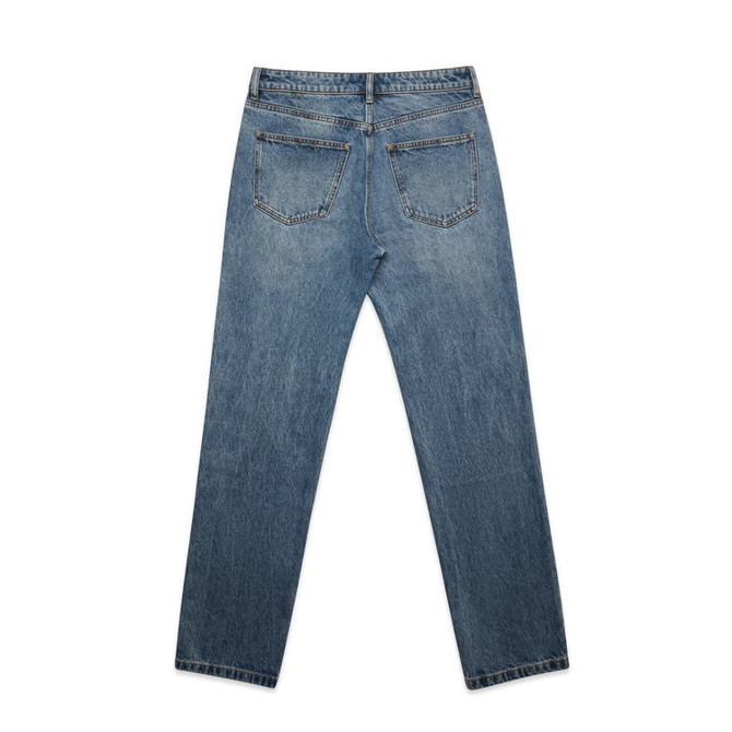 A pair of straight jeans in a light blue wash, viewed from the back, featuring standard pockets and a logo.