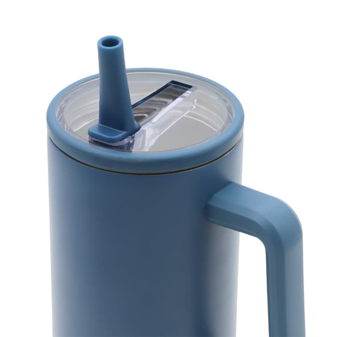 A drink bottle in blue with a clear lid and built-in straw, featuring a handle and branding.