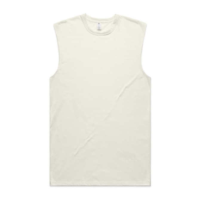 A light cream sleeveless tank top with a round neckline and a plain design, featuring a logo.