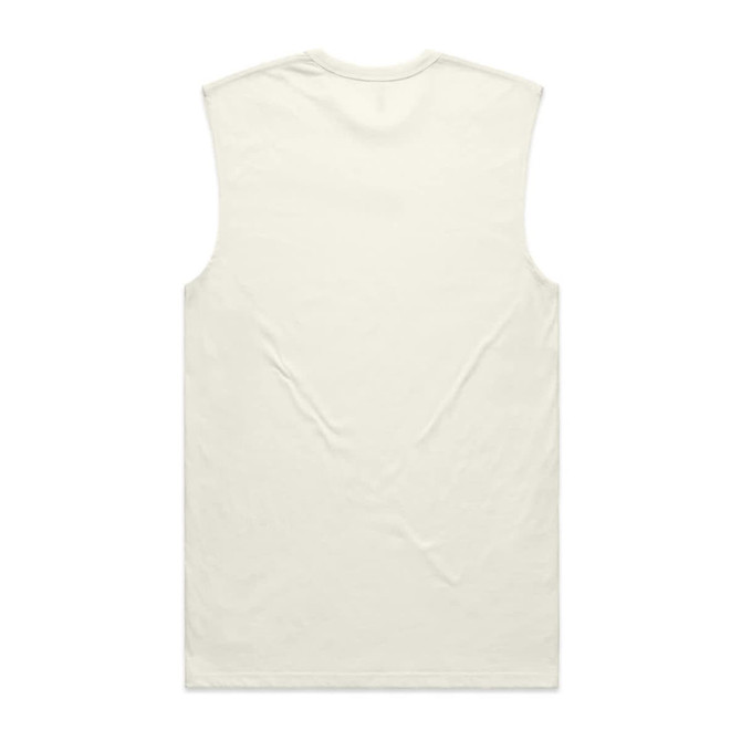 A sleeveless tank top in a light cream colour with a simple design and a logo.