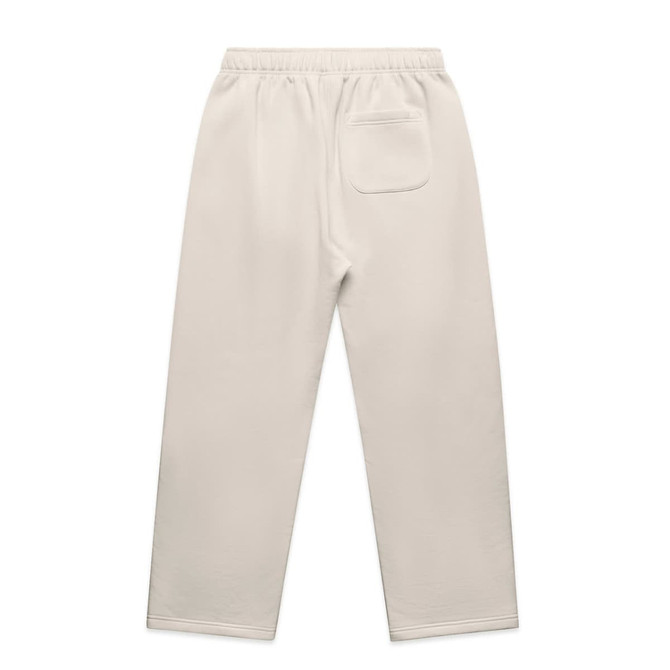 Cuffless track pants in a light beige colour, featuring a single back pocket and an elastic waistband.