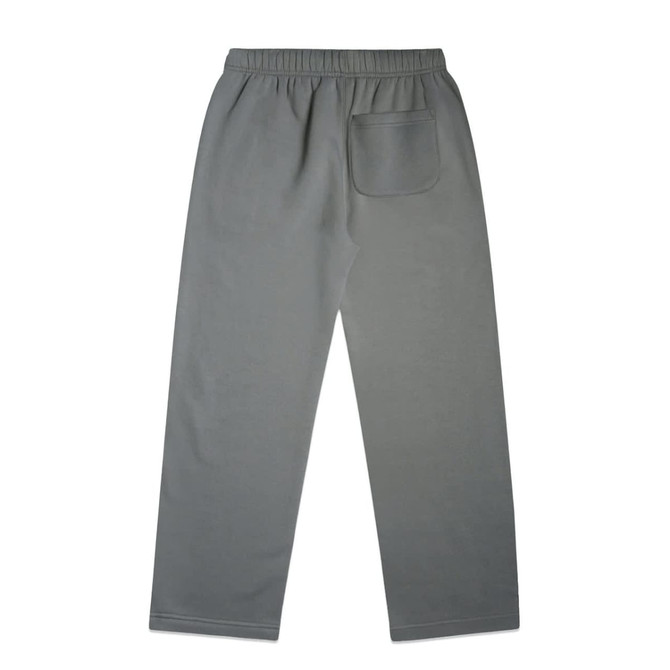 Cuffless track pants in grey, featuring an elastic waistband and a single back pocket.