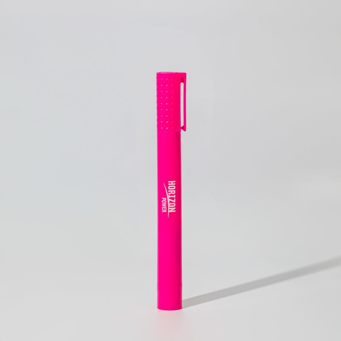 A bright pink jumbo highlighter with a textured grip and a clip, featuring a branding logo.