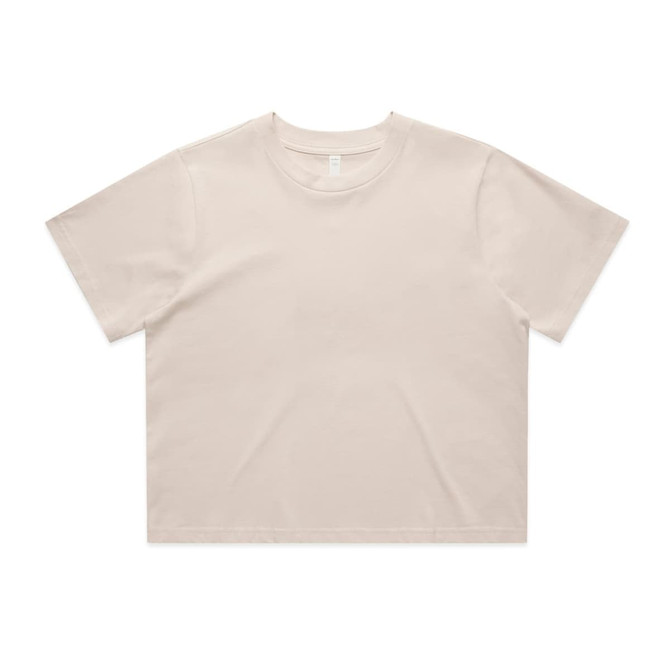 A cream-coloured cropped t-shirt with a loose fit and short sleeves, featuring a logo.