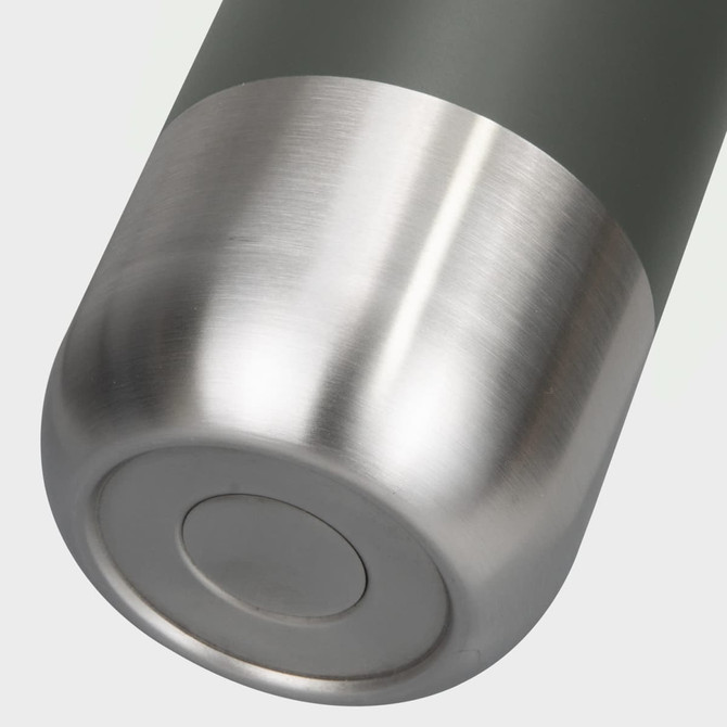 A drink bottle with a matte green body and a shiny stainless steel base featuring a circular bottom design.