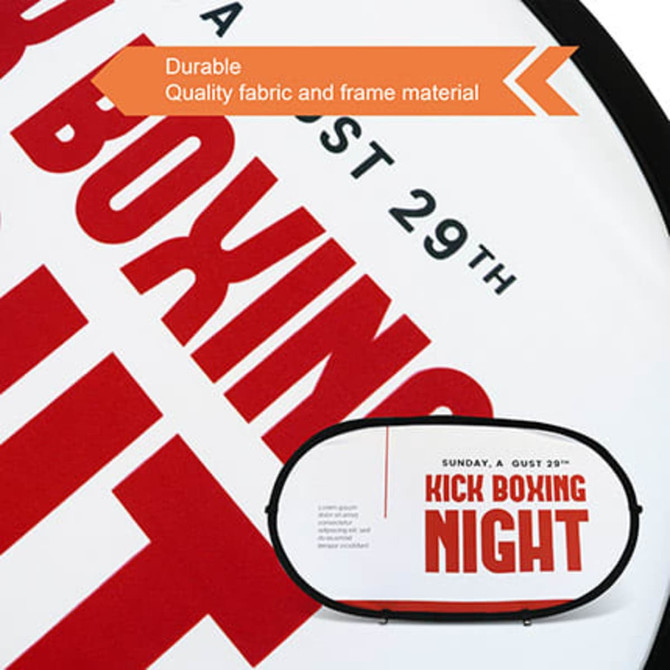 A small horizontal pop-up banner featuring red and white fabric with a black frame and branding.