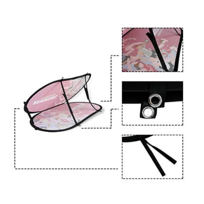 A medium bean-shaped pop-up banner in pink with a patterned design, featuring a sturdy black frame and ties.