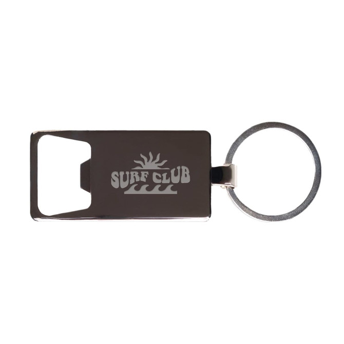 A drink bottle opener keytag in silver with a round keyring and a surf club logo.