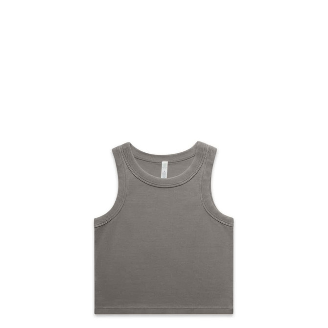 A grey organic rib crop tank top with a round neckline and sleeveless design, featuring a logo.