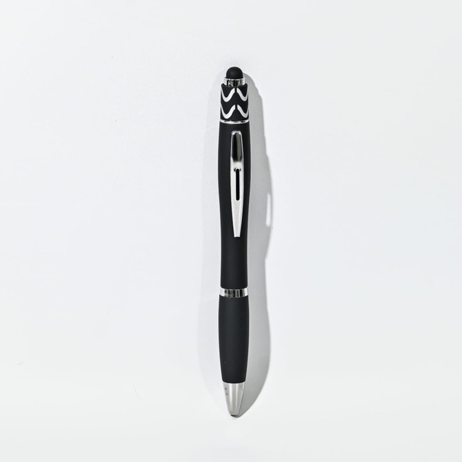 A black fidget pen with a stylus tip, featuring a sleek design and a logo on the clip.