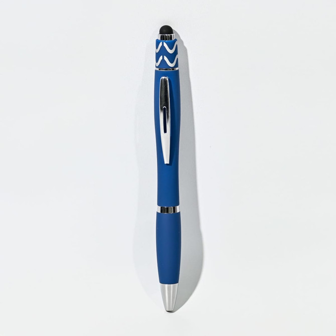 A blue fidget pen featuring a stylus tip, silver accents, and a branding logo.