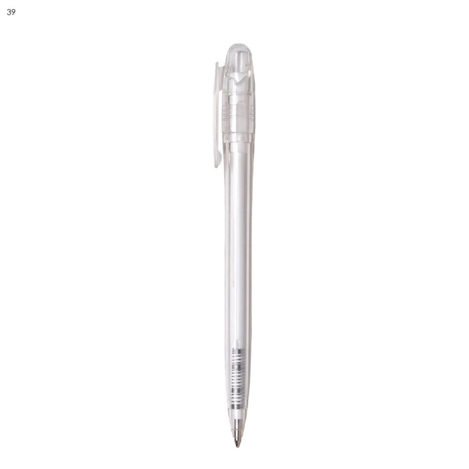 A plastic pen in a clear casing with a black ink refill. The design features a clip for attachment.