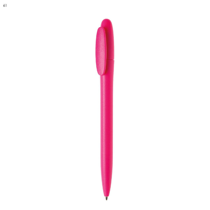 A pink plastic pen with a rounded cap and a sleek design, featuring a logo.