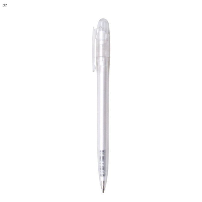 A plastic pen in clear and silver, featuring a clip and a transparent barrel, with branding visible.
