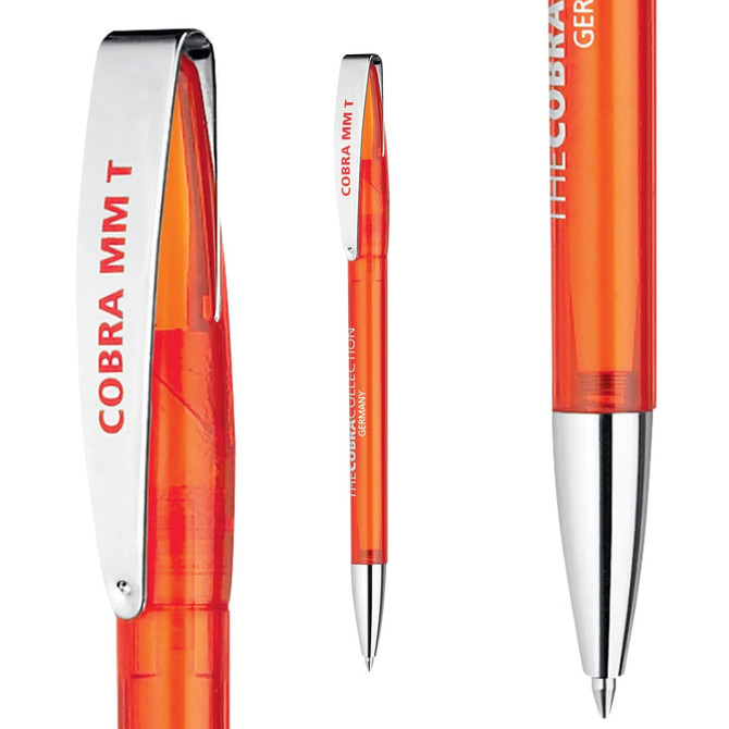 An orange transparent plastic pen with a silver clip and a chrome tip, featuring a logo.