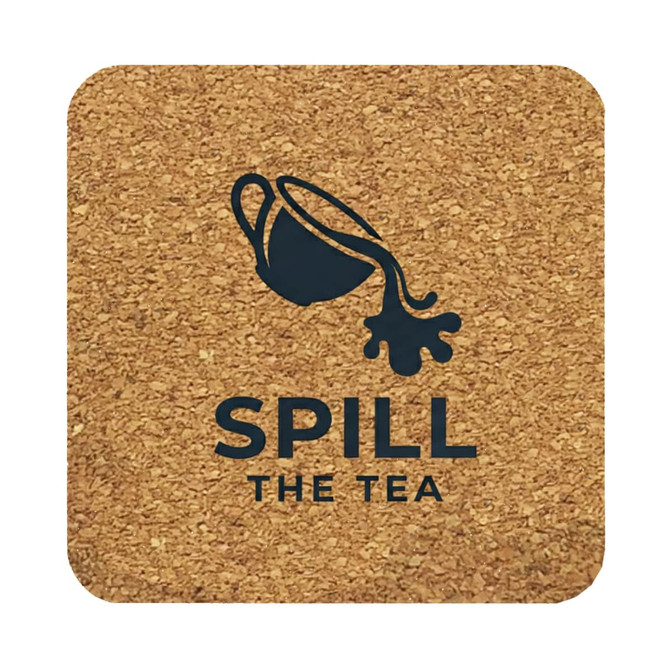 A square cork coaster featuring a dark graphic of a teapot and the words "Spill The Tea," in natural tones.