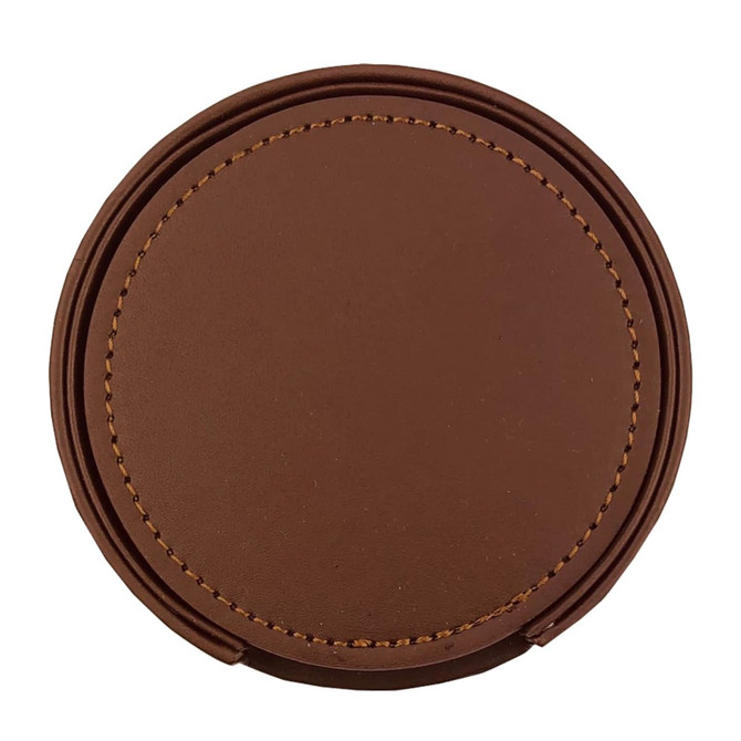 A brown leather coaster with decorative stitching, part of a set of six. It features a circular design and includes branding.