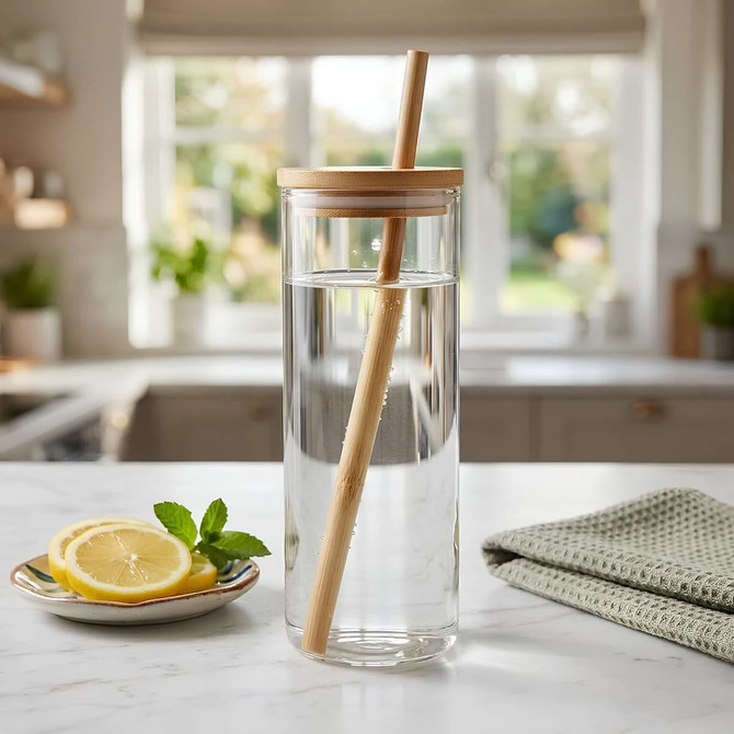 A glass drink bottle with a bamboo lid and straw, filled with water, situated on a marble surface with lemon slices and mint.