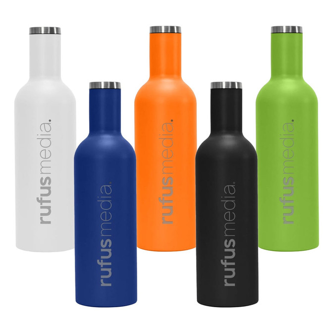 A drink bottle collection featuring white, orange, green, blue, and black colours, with a logo on each.