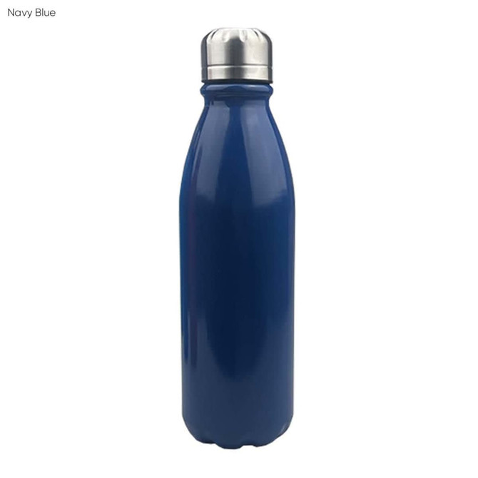 A drink bottle in navy blue with a shiny aluminium finish and a stainless steel lid, featuring a branding logo.