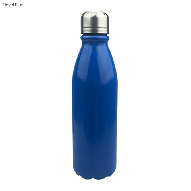 A drink bottle in royal blue with a shiny aluminium finish and a silver cap, featuring a logo.