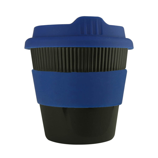 A drink cup featuring a black body with a blue silicone sleeve and lid, equipped with a logo.