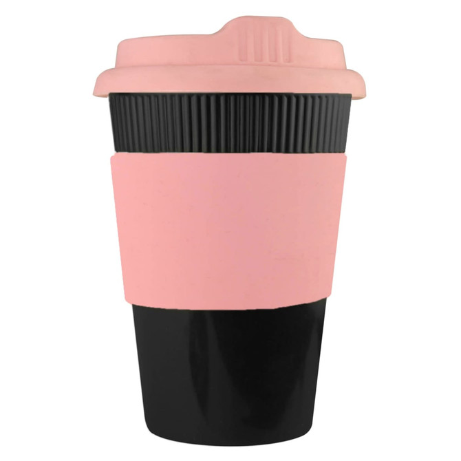 A drink bottle featuring a black base and a pink silicone sleeve and lid, with a logo on the side.