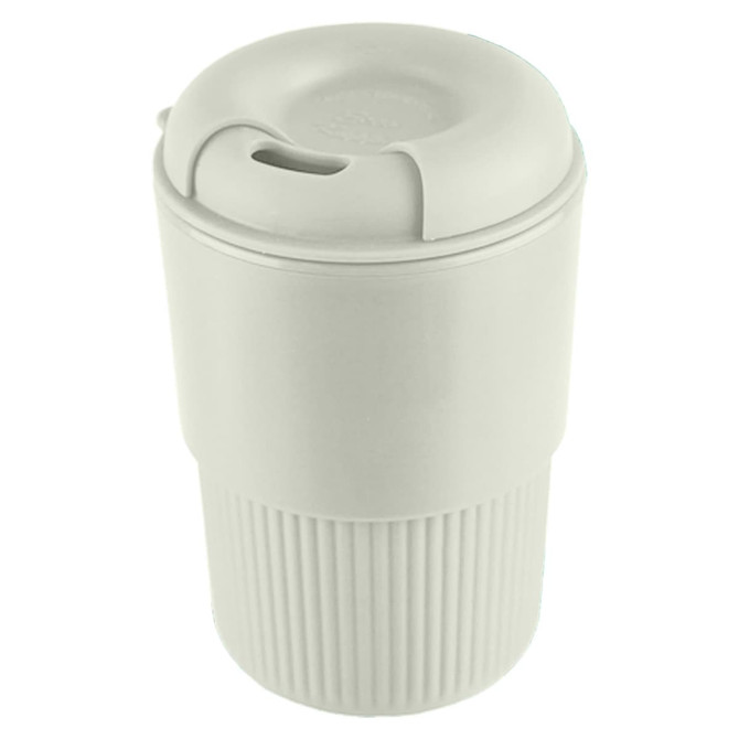 A drink bottle in a light green hue, featuring a ribbed design and a secure lid with a spout. It has a logo.