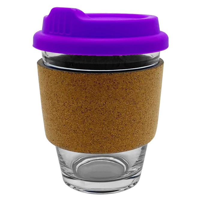 A glass coffee cup with a cork sleeve and a purple lid. It features a logo on the side.