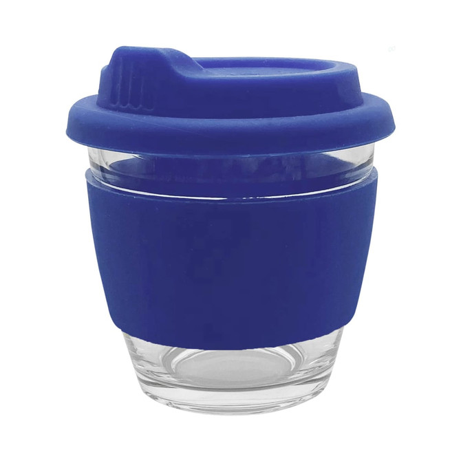 A reusable coffee cup with a clear glass body and blue silicone sleeve and lid. It features a logo on the sleeve.