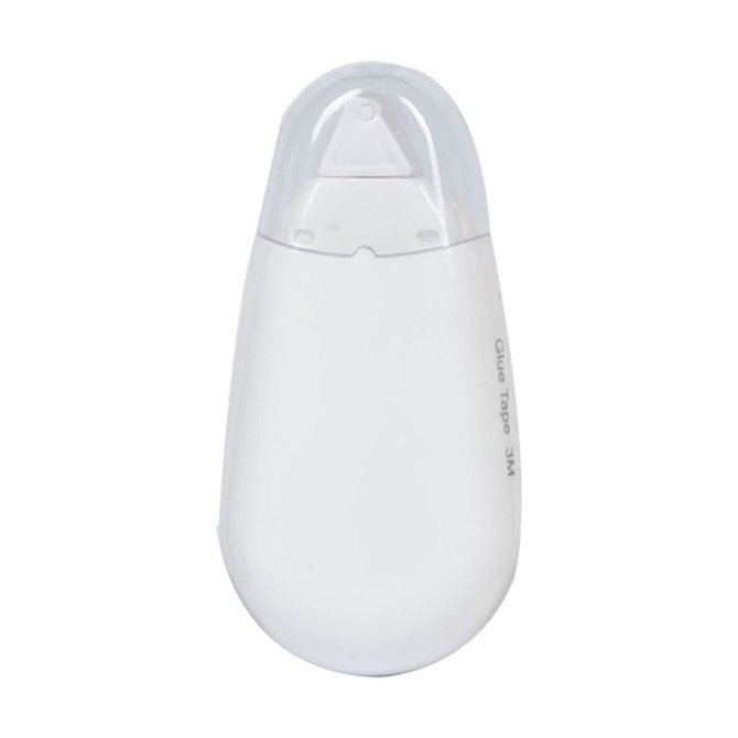 A white glue tape dispenser with a transparent cap and a rounded shape, featuring a logo.