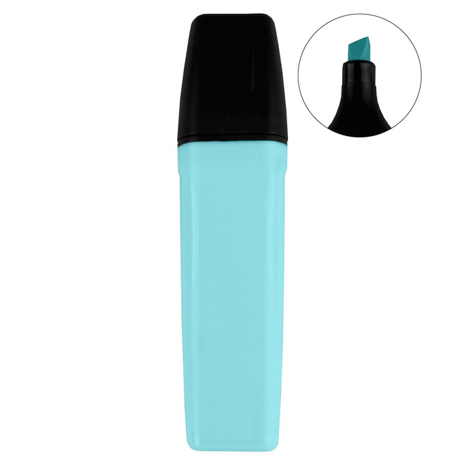 A highlighter in a sleek turquoise body with a black cap and chisel tip. The design includes a branding logo.