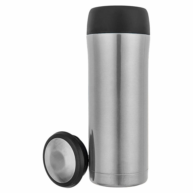 A stainless steel travel mug with a black lid, featuring a sleek design and an attached base.
