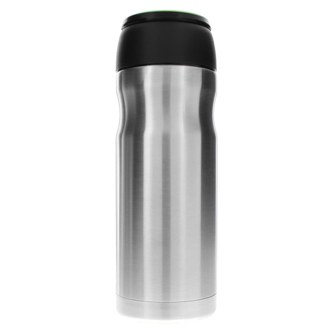 A travel mug in stainless steel with a black lid and a sleek, curved design. It features a logo.