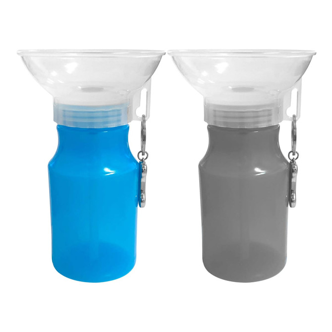 A drink bottle set in blue and grey, featuring a detachable funnel and a clip for easy attachment.