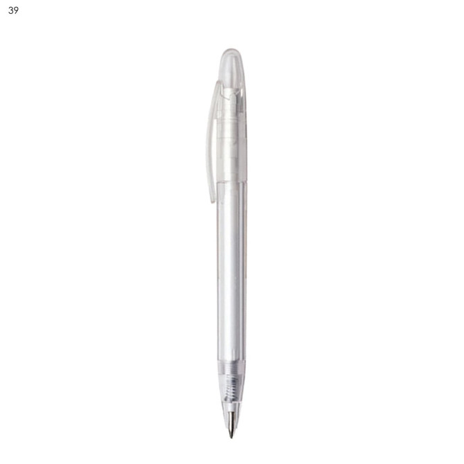 A clear plastic pen with a smooth grip and retractable tip, featuring a logo on its body.