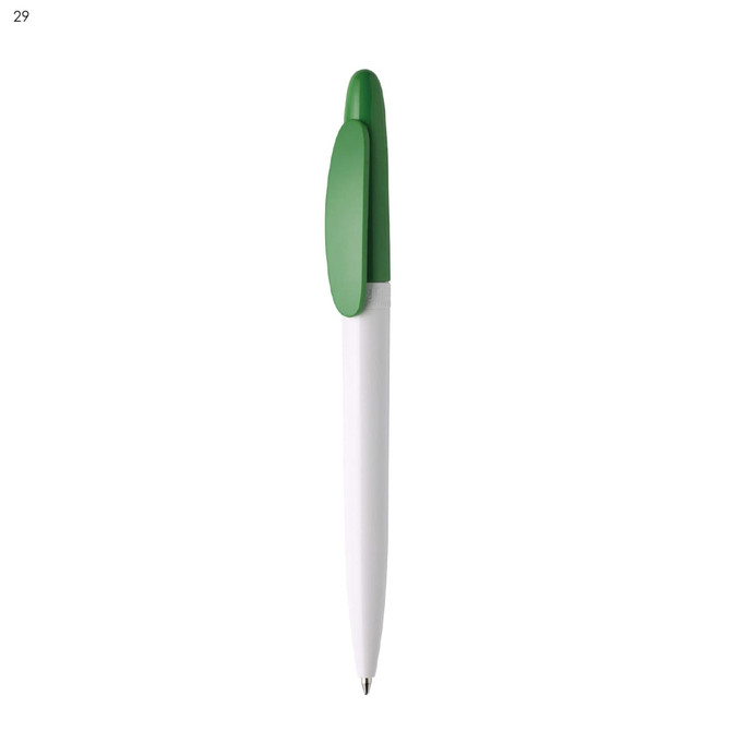 A plastic pen with a white body and a green cap, featuring a logo on the side.